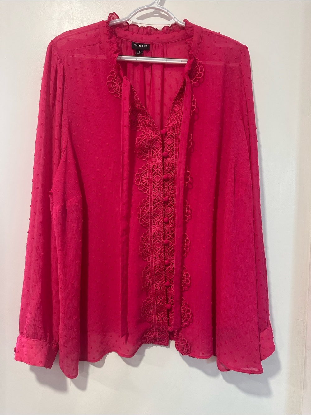 torrid Hot Pink Sheer Dot Blouse with Lace Trim